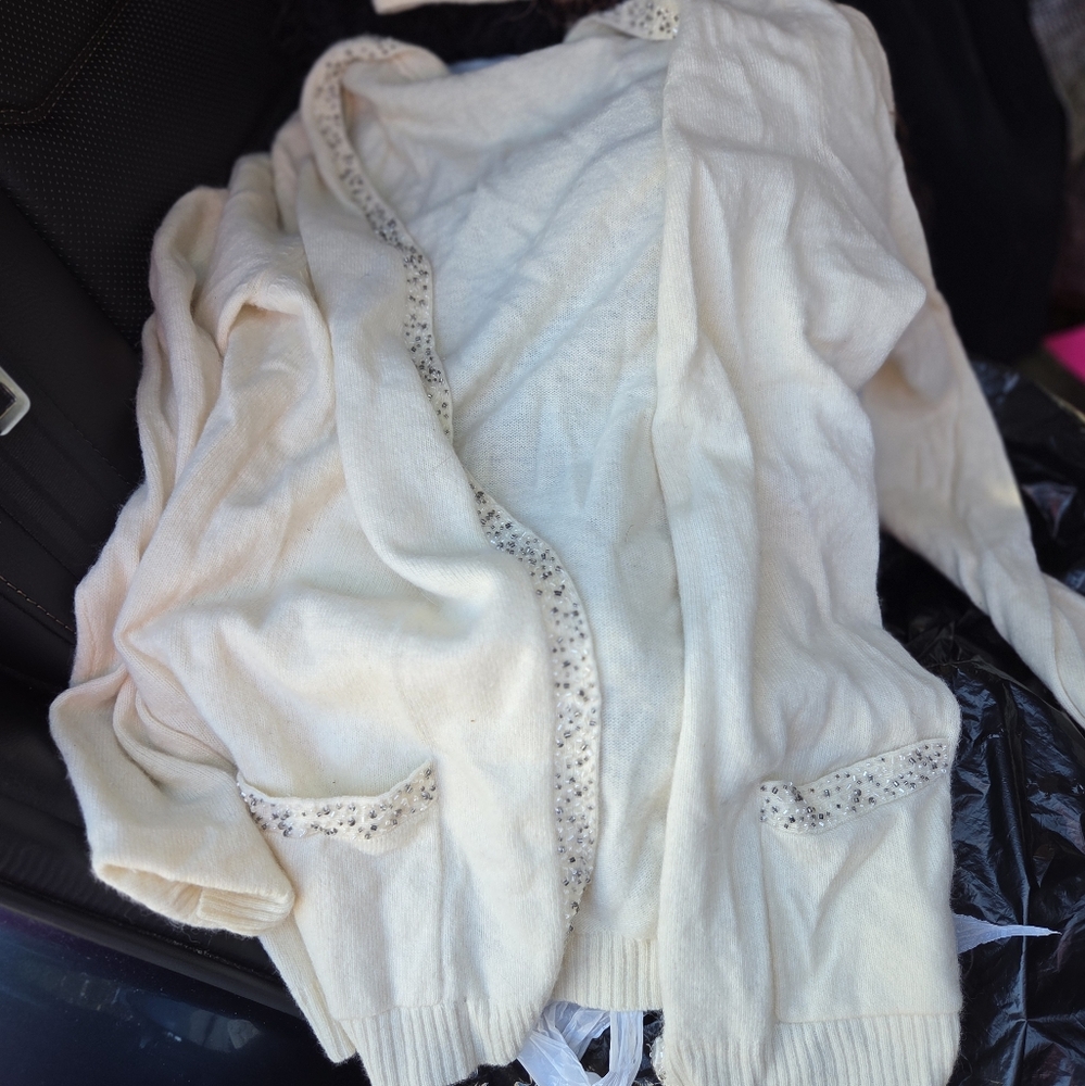 Cream Sweater with Patterned Trim Very Soft Made With Lambwool And Rabbit Hair